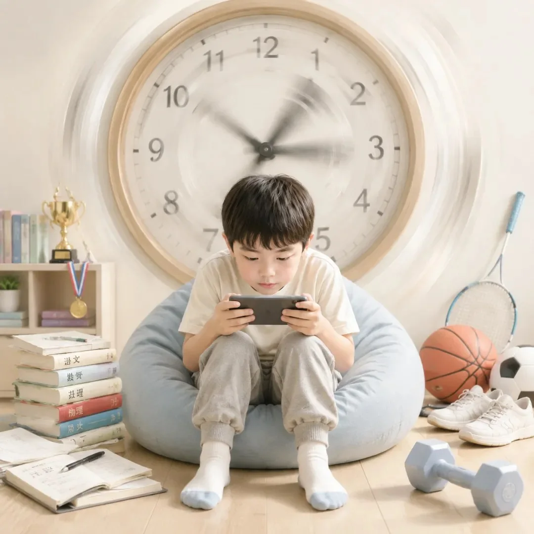 孩子长时间使用手机,时钟提示时间流逝