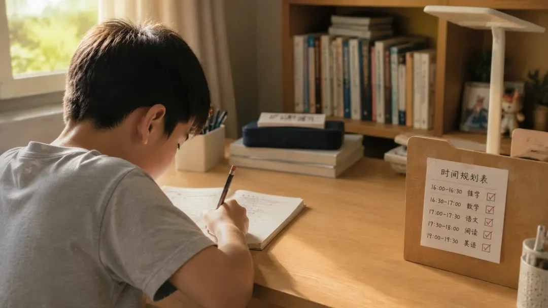 孩子按照时间规划表在书桌前学习