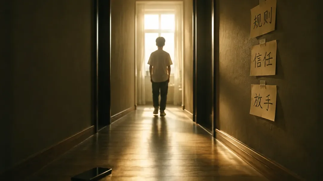 孩子走向亮处,墙上贴着规则、信任和放手