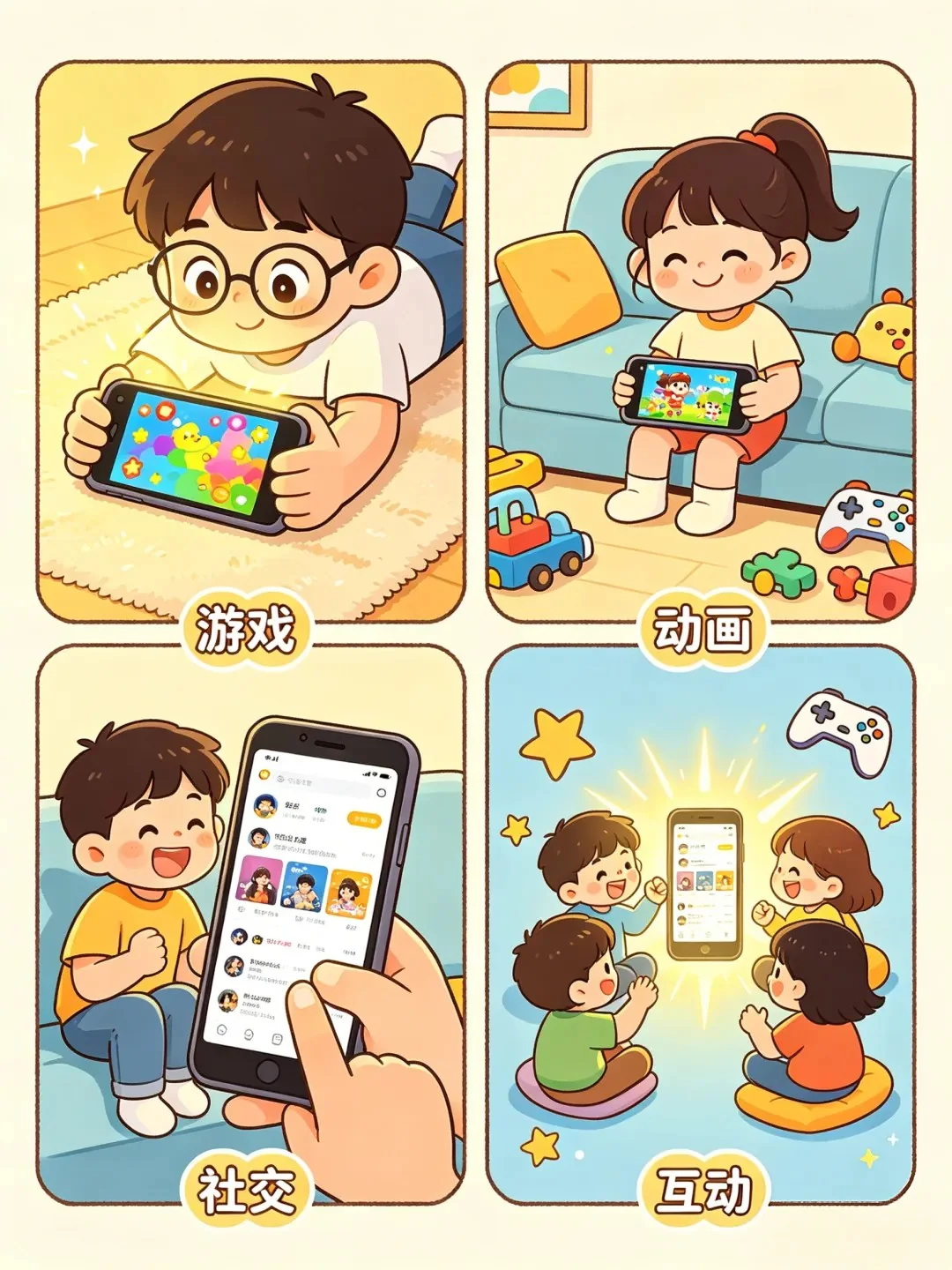 孩子在游戏、学习和家庭场景中使用手机